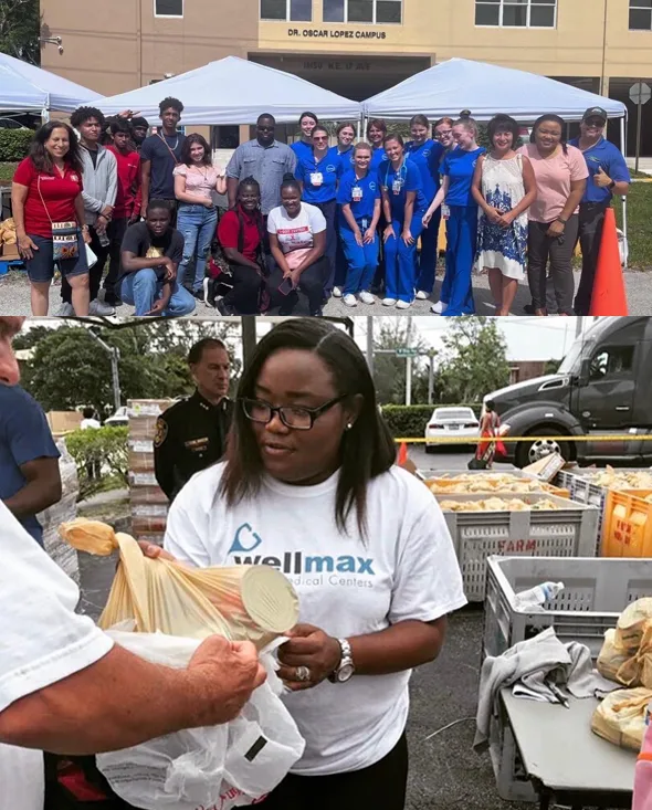 Annual food distribution illustration showing families and community partners